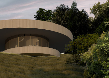 Curvilinear Cabin Crafted with Sustainable Timber and Panoramic Glass Panels