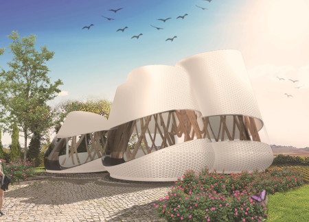 Curvilinear Glass Facade Harmonizing With Charred Wood Shingles In A Vineyard Tasting Facility