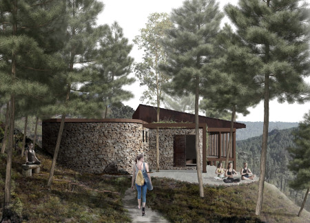 Cork Insulated Sanctuary Featuring Natural Stone and Serene Forest Integration