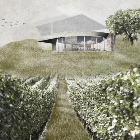 Circular Tasting Pavilion Embracing Rough Stone and Glass Amidst Vineyard Views  
