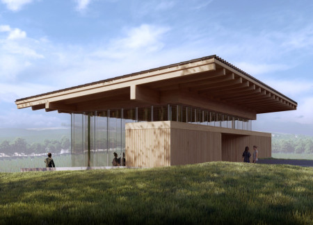 Curvilinear Design Featuring Pivoting Glass and Textured Wood For an Engaging Wine Tasting Experience  