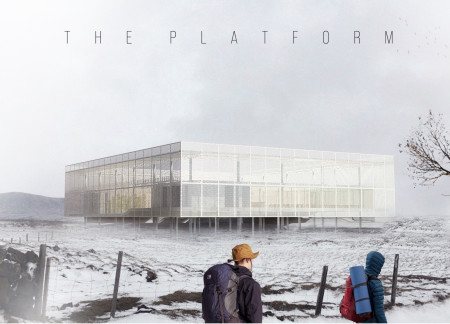 Elevated Glass Pavilion Featuring Structural Steel Frame and Perforated Metal Facade Set in Icelandic Landscape  