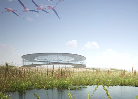 Circular Structure Emphasizing Transparency with Extensive Glass Integration in a Desert Wetland Environment