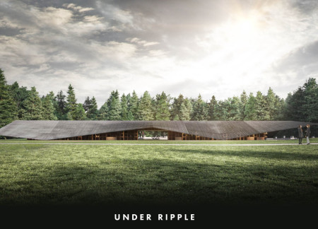 Louvred Canopy of Charred Wood Embraces Memorial Spaces in Forest Context  