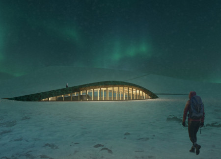 Curvilinear Structure Crafted from Cross-Laminated Timber and Charred Wooden Shingles Overlooking Volcanic Landscape