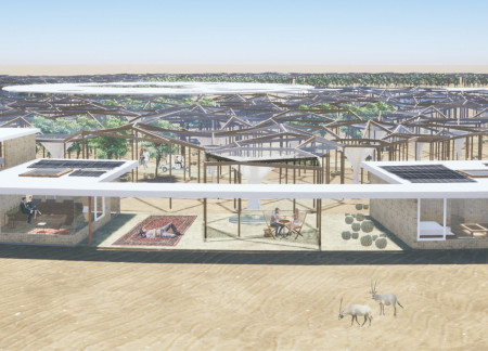 Moisture-Capturing Architecture Featuring Photovoltaic Panels and Local Stone in a Desert Community Hub