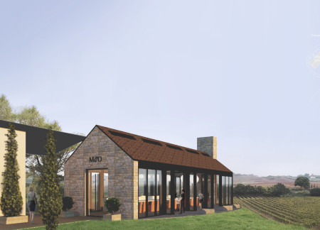 Community gathering space featuring Portuguese marble and electrochromatic glazing within a vineyard setting