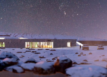 Charred Wooden Shingles Enveloping A Modular Greenhouse Restaurant Fostered by Geothermal Energy