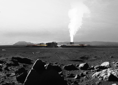 Community hub featuring basalt construction and geothermal energy solutions in a volcanic landscape