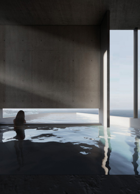 Charred Wooden Shingles and Concrete Harmonizing in a Tranquil Retreat Space
