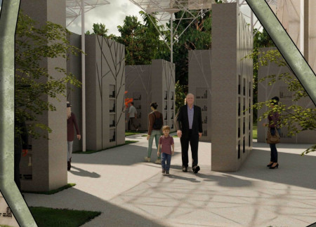 Crystalline Steel and Ferro-Concrete Blend in a Serene Memorial Space for Reflection  