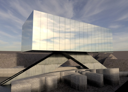 Reflective Pool and Glass Facade Bridge Constructed in Reinforced Concrete Amidst Archaeological Context  