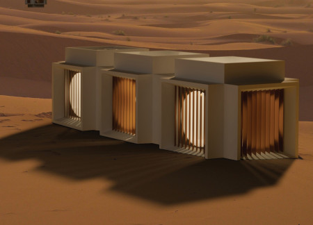 Solar-Enhanced Modular Shelter with Prefabricated Concrete and Natural Wood Elements in Desert Setting