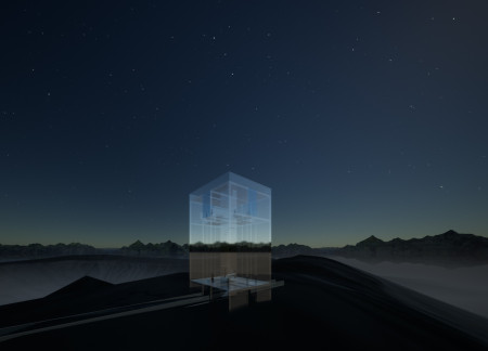 Reflective Glass Walls Enveloping Natural Stone in a Volcanic Landscape Retreat