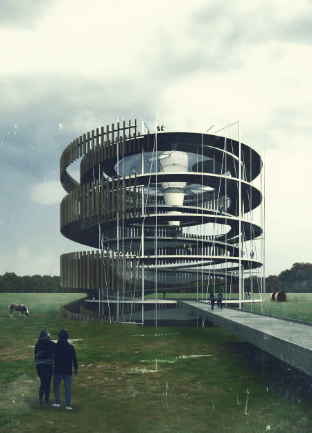 Spiral Design Emphasizing Transparency with Reinforced Concrete and Sustainable Wood for Environmental Education Hub