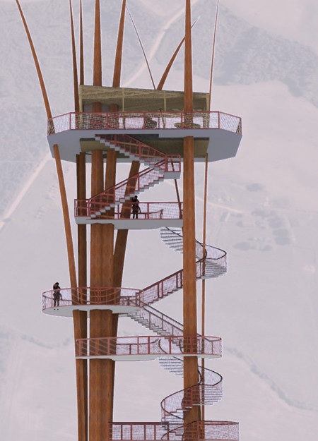 Observation Tower Featuring Cross-Laminated Timber and Weathering Steel in a Natural Landscape