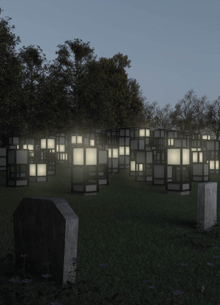 Vertical Metal Columns with Sandblasted Glass in a Forest Cemetery Setting  