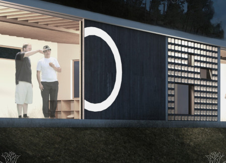 Rainwater Harvesting Retreat Crafted with Hollow Concrete and Natural Wood Elements