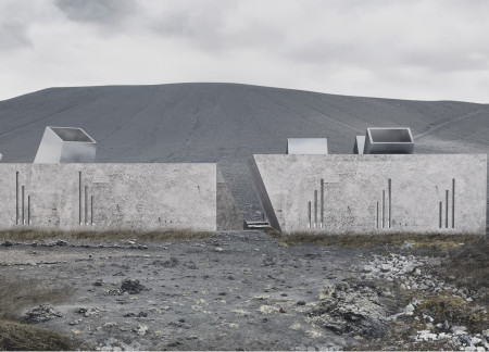 Volcanic Ash Concrete and Sloping Facades Form a Community Hub Amidst Natural Landscape
