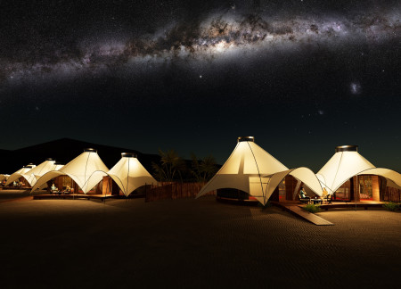 Tensile Structures Woven in PTFE Fabric Providing Sustainable Hospitality Amidst the Desert Landscape