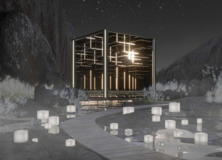 Reflective Glass Facade and Modular Cubes Create Engaging Living Spaces in an Immersive Environment  