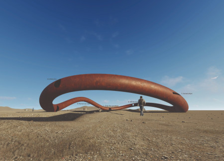 Weathered Steel and Curvilinear Forms Creating Communal Space in Natural Landscape  