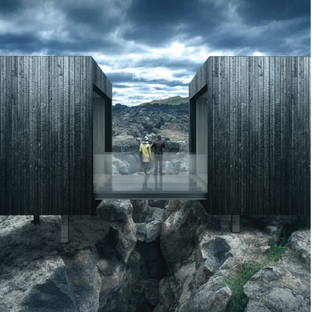 Charred Cedar and Glass Bridge Enhancing Geological Engagement in Icelandic Landscape  