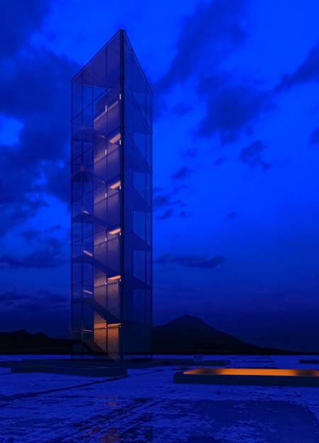 Translucent Glass Tower Embracing Cave-Integrated Design with Sustainable Wood Elements