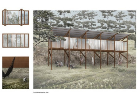 Elevated Meditation Space Crafted from Pine and Glass with Asymmetrical Design  