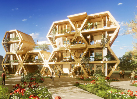 Charred Wooden Shingles and Glass Façades Enhance Community Living Through Modular Hexagonal Design