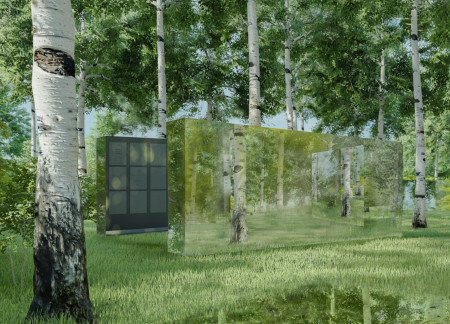 Mirrored Steel Reflections Amidst Black Marble Niches in a Birch Grove Memorial  