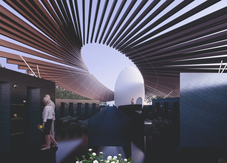 Egg-Shaped Structure Enhanced by Natural Stone and Concrete in a Reflective Underground Space