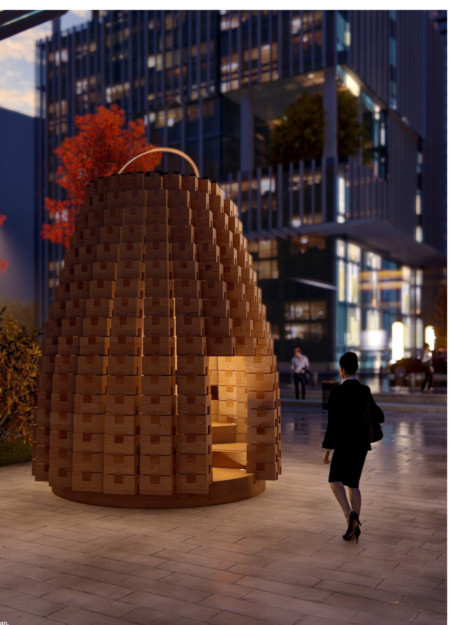 Bell-Shaped Cabin Crafted from Japanese Wood with Traditional Joinery Techniques in Urban Community Space