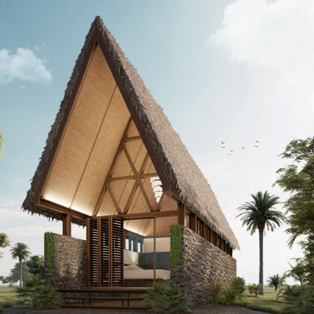 Meditation Huts Built With Woven Bamboo and Thatched Roofing Emphasizing Eco-Friendly Design