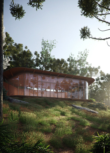 Natural Stone Facade With Green Roof and Extensive Glass Integration for a Wellness Studio