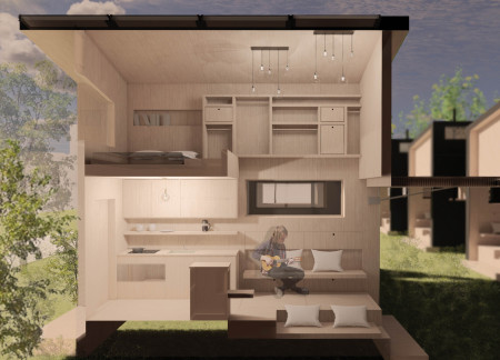 Charred Wooden Shingles and Cross-Laminated Timber Panels Define a Transitional Housing Solution
