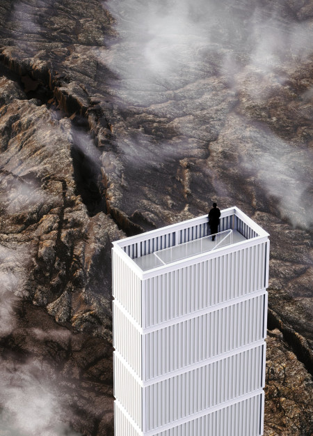 Charred Wooden Shingles and Glass Facades Elevate Observation Tower in Rugged Landscape