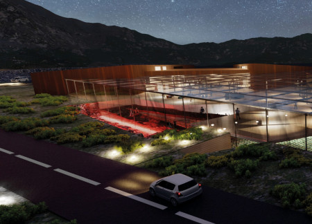 Basalt And Corten Structure Merging Natural Elements With Cinematic Experiences  