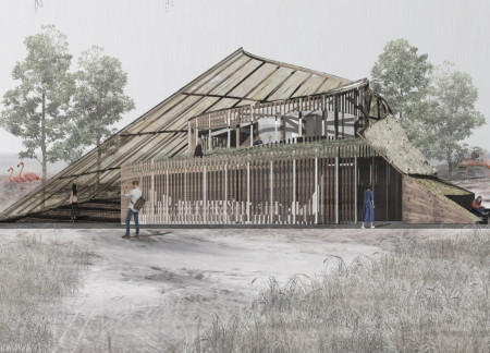 Timber-Clad Structure With Undulating Form Overlooking Wetlands for Wildlife Observation