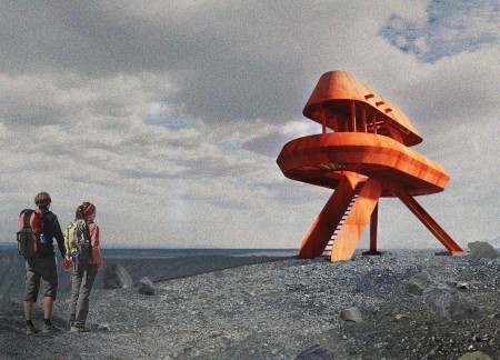 Corten Steel Spiral Lookout Integrating Volcanic Landscape and Concrete Foundations