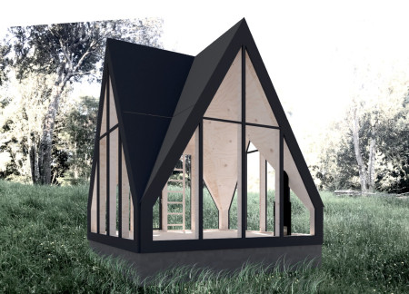 Asymmetrical Roof and Laminated Wood Panels Define a Tranquil Forest Retreat  