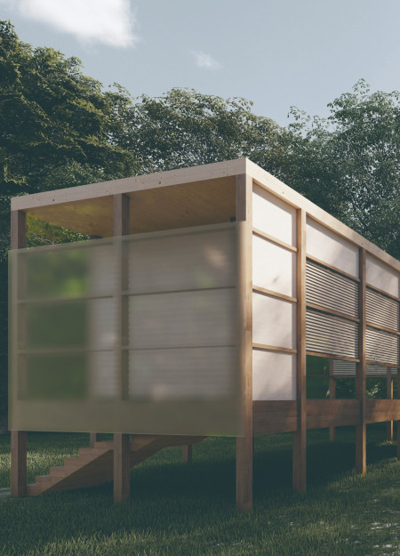 Translucent Skylights and Floating Forms in a Serene Meditation Space Crafted from Wood  