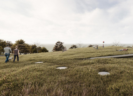Earth-Sheltered Community Center Featuring Natural Stone and Green Roof Elements  