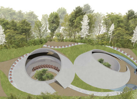 Cocooning Sloped Entrance Crafted from Recycled Bricks for a Reflective Memorial Space