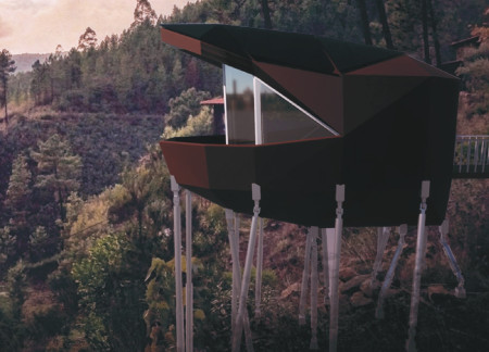 Elevated Structure of Natural Wood and Integrated Photovoltaic Panels for a Serene Retreat
