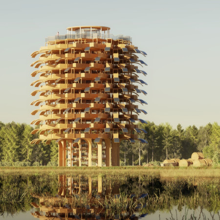 Vertical observatory featuring cross-laminated timber panels and charred wood shingles in a biophilic design ethos  