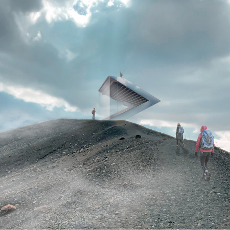 Dual-Level Observation Deck Constructed From Reinforced Concrete and Timber Within a Volcanic Landscape