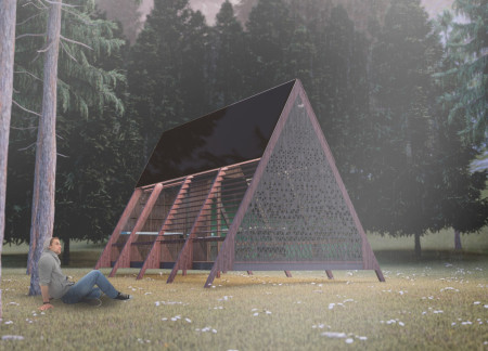 Triangular Structure Crafted with Cork and Maritime Pine in a Serene Forest Setting