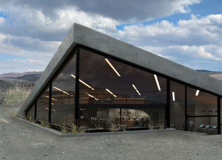 Slanted Roof Structure Crafted with Steel Frame and Polished Concrete in a Volcanic Landscape