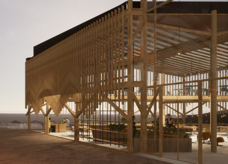 Charred Wooden Shingles and Expansive Glass Walls Create a Community-Centric Space for Dining and Market Activities